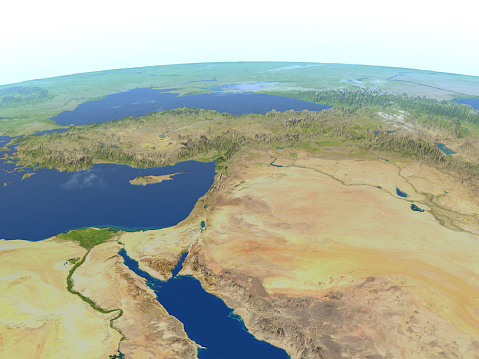 Middle East. 3D illustration with detailed planet surface. 3D model of planet created and rendered in Cheetah3D software, 9 Mar 2017. Some layers of planet surface use textures furnished by NASA, Blue Marble collection: http://visibleearth.nasa.gov/view_cat.php?categoryID=1484