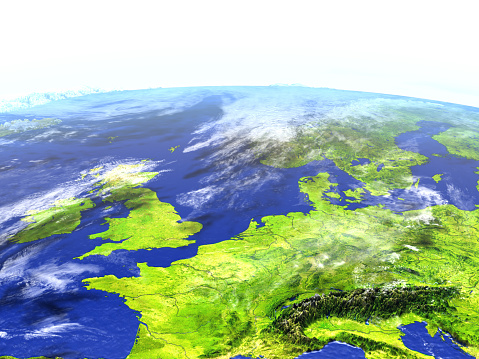 Western Europe on model of Earth. 3D illustration with realistic planet surface. 3D model of planet created and rendered in Cheetah3D software, 9 Mar 2017. Some layers of planet surface use textures furnished by NASA, Blue Marble collection: http://visibleearth.nasa.gov/view_cat.php?categoryID=1484