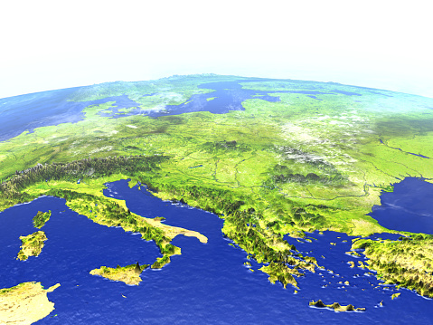 Adriatic sea region on model of Earth. 3D illustration with realistic planet surface. 3D model of planet created and rendered in Cheetah3D software, 9 Mar 2017. Some layers of planet surface use textures furnished by NASA, Blue Marble collection: http://visibleearth.nasa.gov/view_cat.php?categoryID=1484