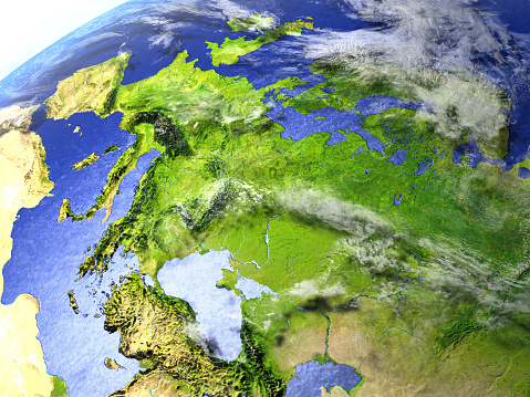 Europe on model of Earth. 3D illustration with realistic planet surface. 3D model of planet created and rendered in Cheetah3D software, 9 Mar 2017. Some layers of planet surface use textures furnished by NASA, Blue Marble collection: http://visibleearth.nasa.gov/view_cat.php?categoryID=1484