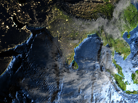 Southeast Asia on 3D model of Earth at night. 3D illustration with plastic planet surface and ocean floor and visible city lights. 3D model of planet created and rendered in Cheetah3D software, 9 Mar 2017. Some layers of planet surface use textures furnished by NASA, Blue Marble collection: http://visibleearth.nasa.gov/view_cat.php?categoryID=1484