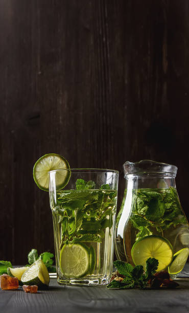 istock Mint iced tea with lime in the glass. Dark background. 654041922