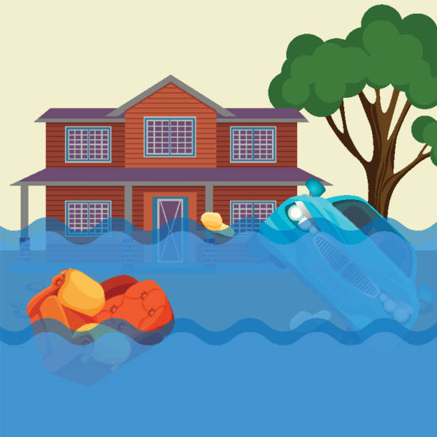 istock Flood realistic natural disaster vector illustration. Cottage house, car, trees 654042852