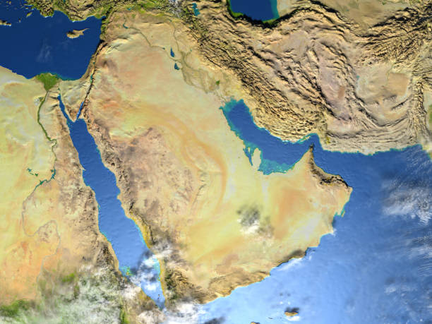 Arab Peninsula on planet Earth Arab Peninsula. 3D illustration with detailed planet surface. 3D model of planet created and rendered in Cheetah3D software, 9 Mar 2017. Some layers of planet surface use textures furnished by NASA, Blue Marble collection: http://visibleearth.nasa.gov/view_cat.php?categoryID=1484 arabian peninsula stock pictures, royalty-free photos & images