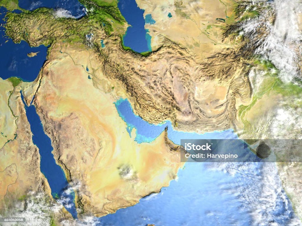 Arab Peninsula on planet Earth Arab Peninsula. 3D illustration with detailed planet surface. 3D model of planet created and rendered in Cheetah3D software, 9 Mar 2017. Some layers of planet surface use textures furnished by NASA, Blue Marble collection: http://visibleearth.nasa.gov/view_cat.php?categoryID=1484 Persian Gulf Countries Stock Photo