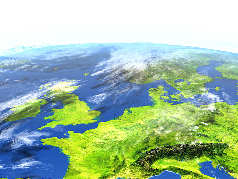 Western Europe. 3D illustration with detailed planet surface. 3D model of planet created and rendered in Cheetah3D software, 9 Mar 2017. Some layers of planet surface use textures furnished by NASA, Blue Marble collection: http://visibleearth.nasa.gov/view_cat.php?categoryID=1484