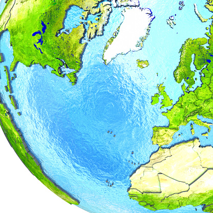 Europe and North America on 3D model of planet Earth with watery ocean and visible country borders. 3D illustration. 3D model of planet created and rendered in Cheetah3D software, 9 Mar 2017. Some layers of planet surface use textures furnished by NASA, Blue Marble collection: http://visibleearth.nasa.gov/view_cat.php?categoryID=1484