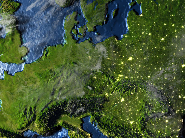 istock Eastern Europe on Earth at night - visible ocean floor 654049916