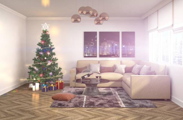 istock Christmas tree with decorations in the living room. 3d illustration 654050028