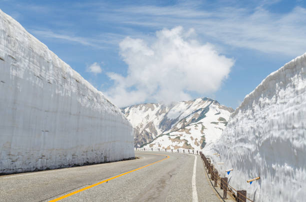 istock Empty road and snow wall at japan alps tateyama kurobe alpine route 654051072