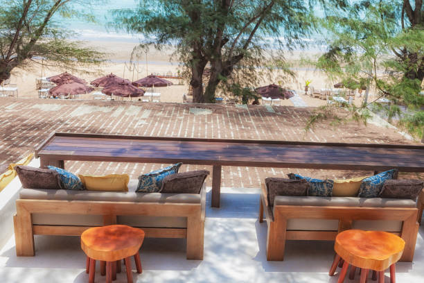istock Wooden cafe table and chairs. 654052086