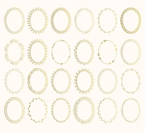 Vector illustration of Set of golden oval hand drawn frames. Vector design elements. Fancy illustration. Isolated