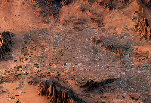 3D Render of a Topographic Map of Phoenix, Arizona, USA. Contains modified Copernicus Sentinel data (July 12, 2016) courtesy of ESA. Relief texture NED data courtesy of USGS, The National Map. URL of source images: 