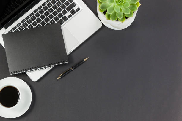 istock Laptop, diary, cup of tea, plant, and pen 654061402
