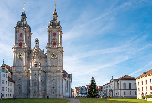 St. Gallen with its beautiful Gallusplatz. The town square which is close to the St. Gallen Abbey is made from cobblestones. The image was captured during spring season.