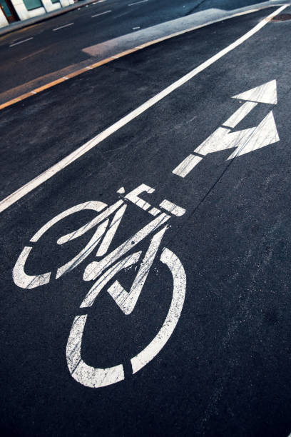 istock Bicycle lane sign on the road 654068562