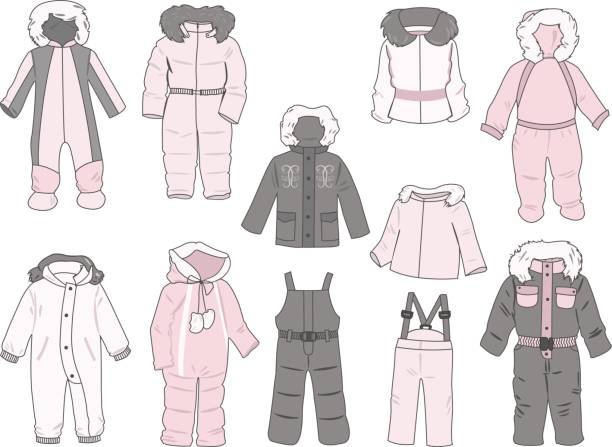 Print Set of snowsuits for little girls isolated on white background kids snow suits stock illustrations