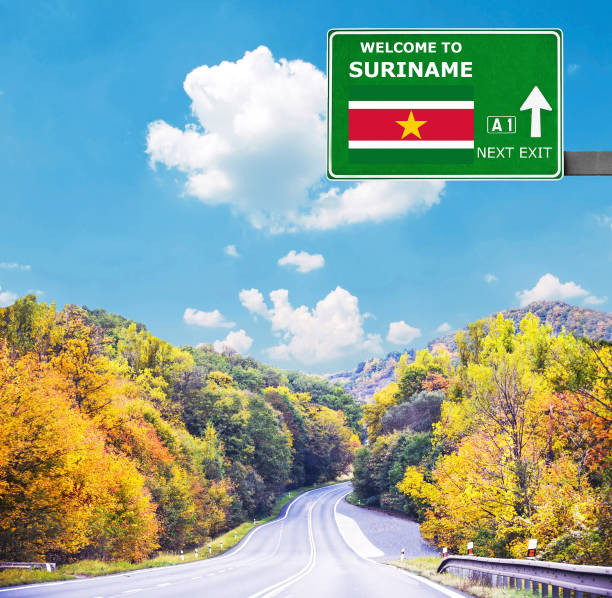 istock Suriname road sign against clear blue sky 654072190