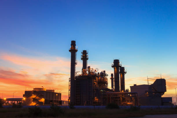 istock Gas turbine electrical power plant with twilight 654073542