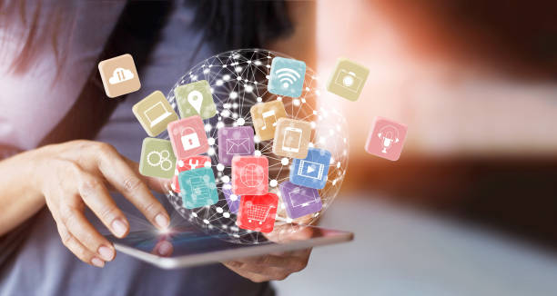 istock Woman holding tablet online banking payment communication network technology 4.0, with icon global connect customer omnichannel and mutichnanel 654078994