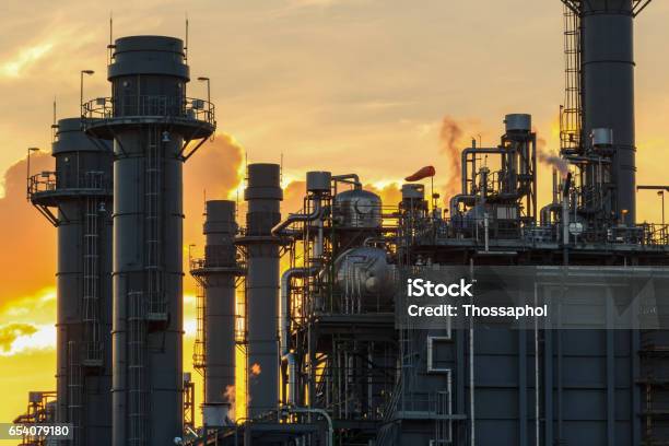 Natural Gas Combined Cycle Electrical Power Plant With Golden Hour Stock Photo - Download Image Now