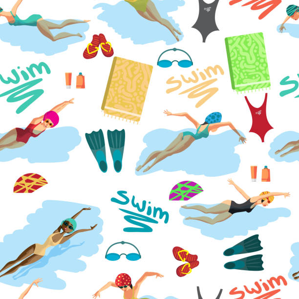 бесшовный текстильный узор женщин в спортивном купальнике плавает в бассейне - wrapped in a towel illustrations stock illustrations
