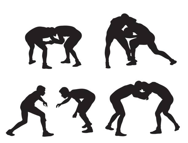 Wrestling A vector silhouette illustration of two wrestlers in various positions engaging in a match. wrestling stock illustrations