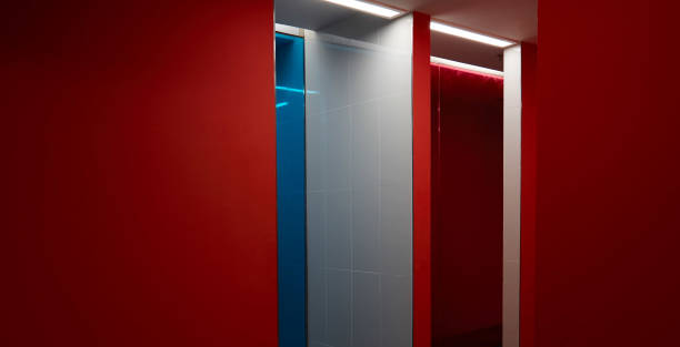 istock Close up modern facade of composite red and blue panels , Abstract interior design . 654095118