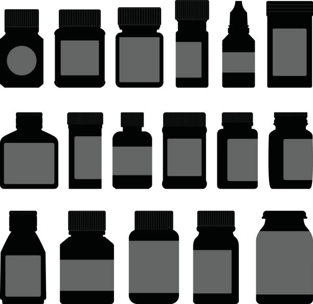 Medicine Bottle in Silhouette Vector Medicine storage container bottles in silhouette vector. medicine silhouettes stock illustrations