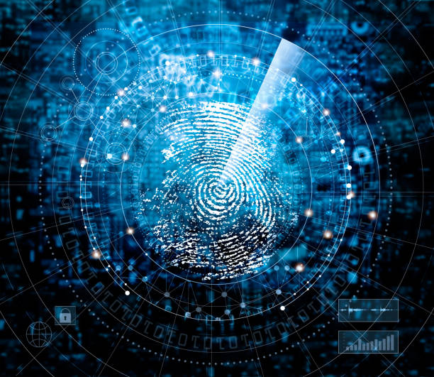 istock Fingerprint scanning and searching identity check on blue cyber tech background, technology and safety concept 654100040