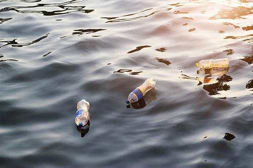 Plastic garbage in the river on sunset, pollution and environment concept