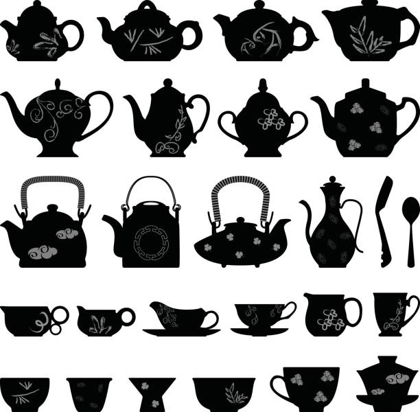 Teapot Tea Cup in Silhouette Vector A set of Asian oriental (Chinese, Japanese, and Korean) teapots and tea cup designs in silhouette vector. chinese tea pot stock illustrations