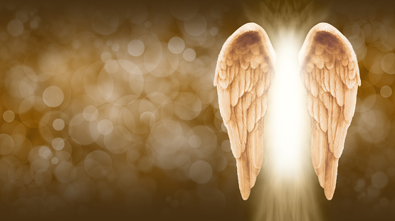 Wide golden brown bokeh background with a large pair of Angel Wings on the right side and a shaft of bright light between