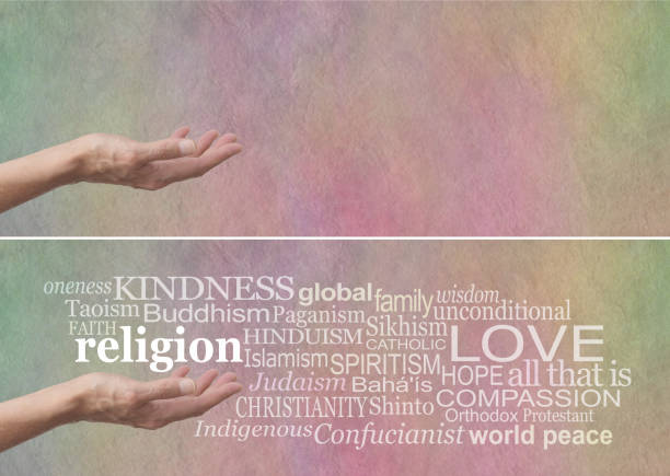 Female palm up hand with the word RELIGION floating above, surrounded by a religion word cloud on a subtle multicolored parchment stone effect background