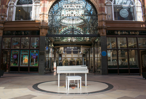 Photo of a White Yamaha Baby Grand Piano in the Victoria Quarter Shopping Centre, Leeds on 15th March 2017