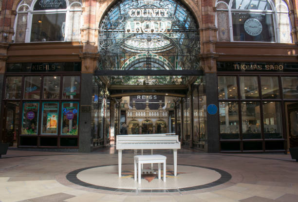 White Yamaha Baby Grand Piano, Victoria Quarter Shopping Centre, Leeds stock photo