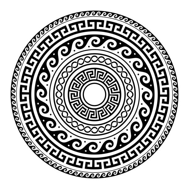 ilustraciones, imágenes clip art, dibujos animados e iconos de stock de patrón de la ronda griega antigua-meander arte, forma negra mandala - key pattern