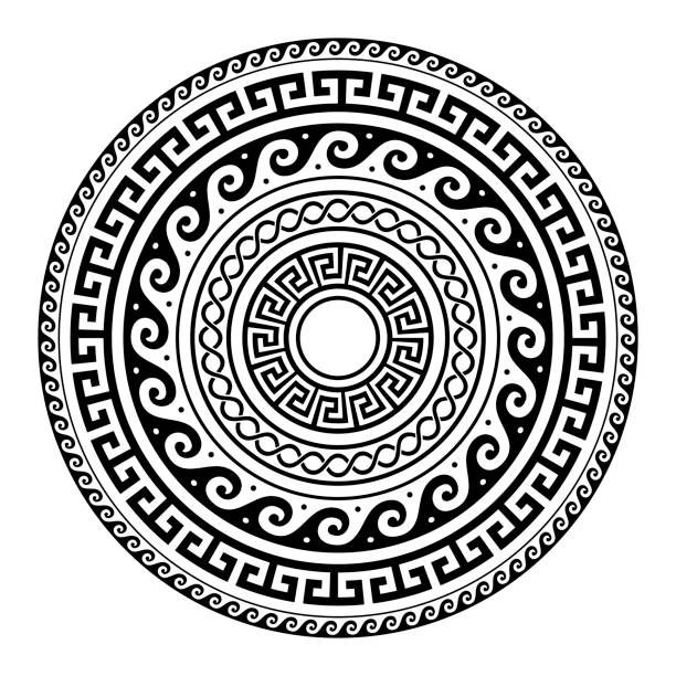 ilustrações de stock, clip art, desenhos animados e ícones de ancient greek round key pattern - meander art, mandala black shape - greece