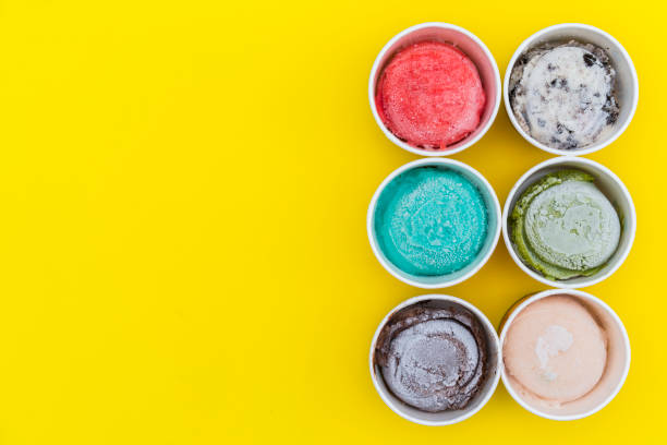 istock Top view Ice cream flavors in cup on yellow blackground 654107874