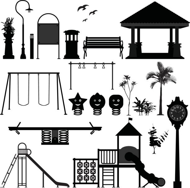 spielplatz park garten geräte silhouette vektor - bench park park bench silhouette stock-grafiken, -clipart, -cartoons und -symbole