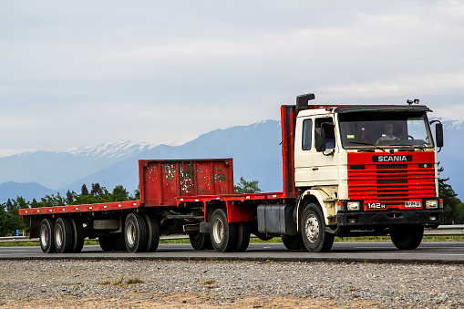 O'Higgins, Chile - November 19, 2015: Trailer truck Scania R at the interurban freeway.