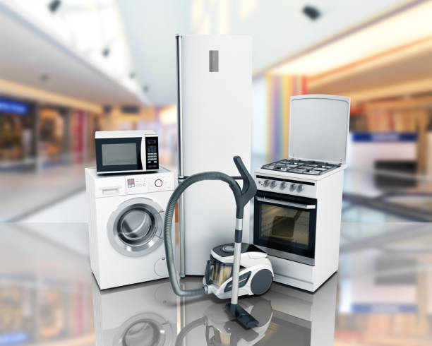 istock Home appliances Group of white refrigerator washing machine stove microwave 654148016