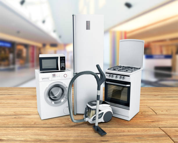 istock Home appliances Group of white refrigerator washing machine stove microwave 654148158