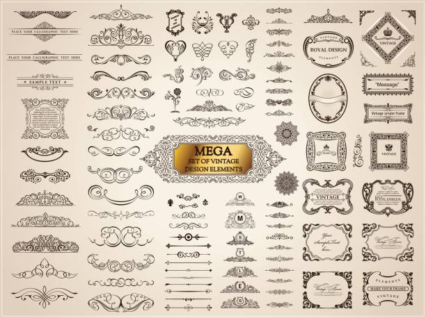 illustrazioni stock, clip art, cartoni animati e icone di tendenza di elementi vintage calligrafici. set barocco vettoriale. icone di progettazione - decoration ornate scroll shape shape