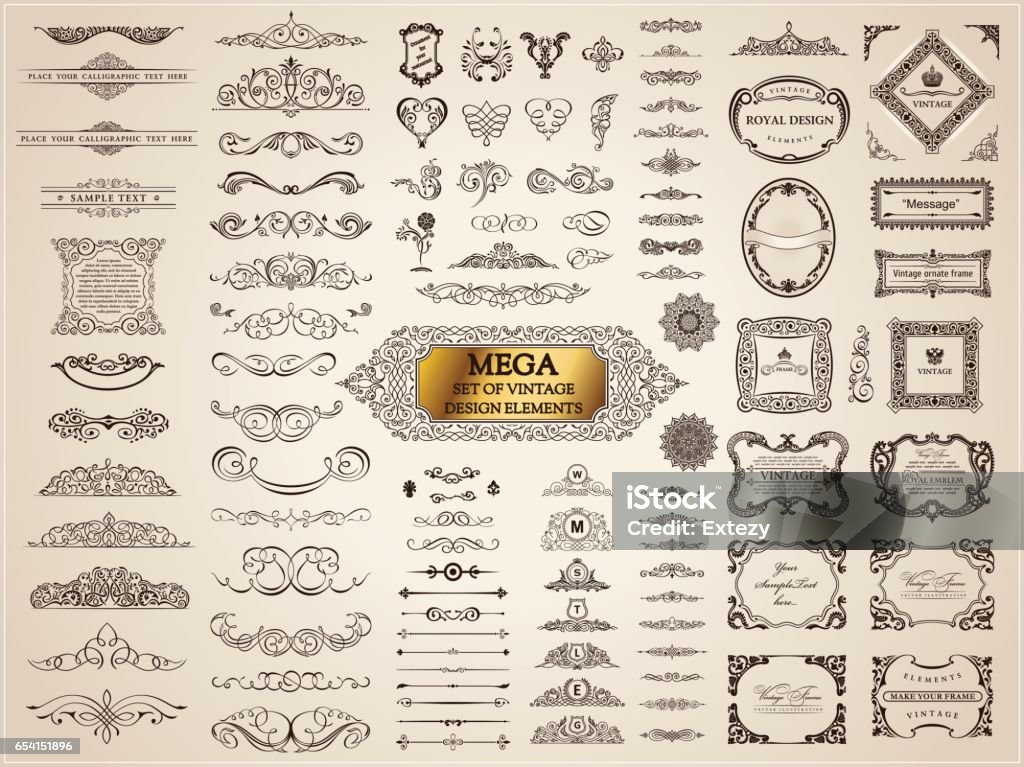 Calligraphic vintage elements. Vector baroque set. Design icons Vintage crest old elements. Calligraphic Design emblems set. Vector flourishes illustration. Border frame royal ornament page divider, decoration menu, card, invitations, labels, Restaurant, Cafe, Hotel Retro Style stock vector