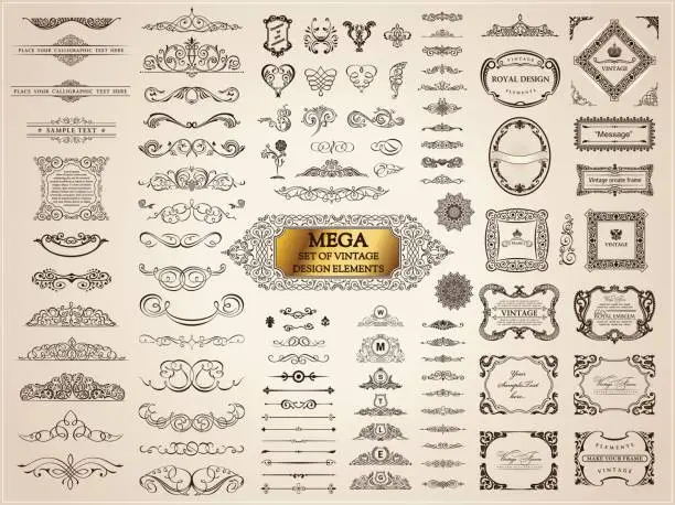 Vector illustration of Calligraphic vintage elements. Vector baroque set. Design icons