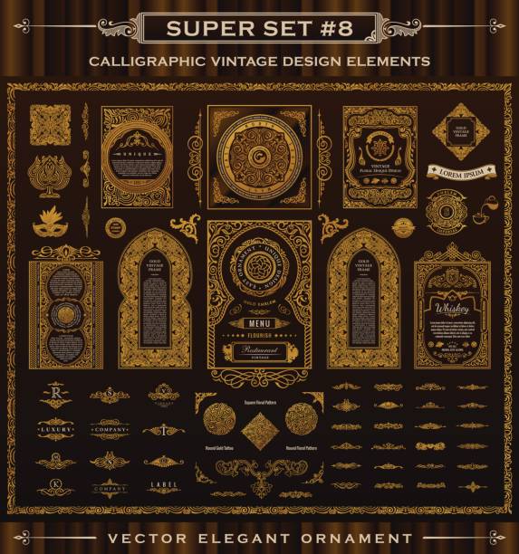 Calligraphic vintage elements. Vector baroque set. Design icons Calligraphic Design emblems set. Vintage crest Gold elements. Vector flourishes illustration. Border frame collection royal ornament page decoration for menu card, invitations, labels, Restaurant, Cafe, Hotel black family crest stock illustrations
