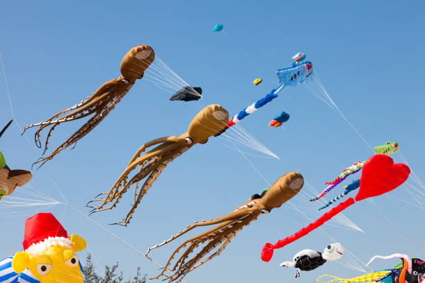 istock Various colorful kites flying in blue sky. Stingrays, Koi fish, quid and others. 654153336