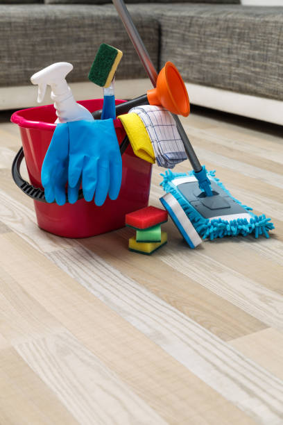 istock Cleaning service. Sponges, chemicals and mop. 654153794
