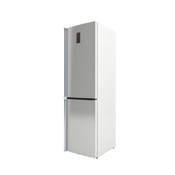 istock Stainless steel modern open refrigerator on grey 3d illustration 654160202